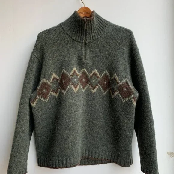 ❌SOLD❌Vintage 100% Wool Green Fair Isle /Scottish Argyle Half-Zip Sweater - Picture 2 of 8